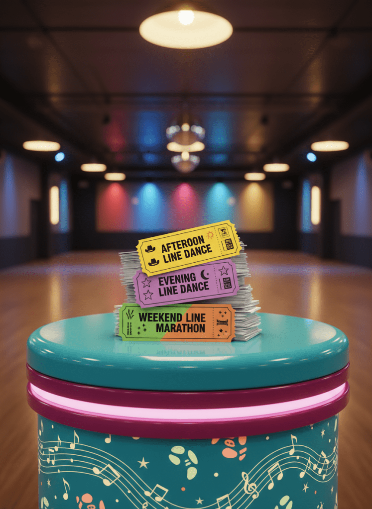 A cheerful ticket counter scene with a glossy, rounded kiosk wrapped in a bright turquoise and magenta design featuring stylized boot prints and musical staffs. On the counter sits a stack of oversized, glossy event tickets for afternoon, evening, and weekend line dance sessions, each ticket color-coded and illustrated with playful icons like cowboy hats, stars, and dancing arrows. Behind the kiosk, a softly blurred background hints at a spacious dance venue with colorful uplighting. Soft studio lighting combines with a warm overhead glow, highlighting the ticket details and casting gentle reflections on the counter. Photographic realism, eye-level composition, and sharp focus on the tickets create an energetic, fun atmosphere perfect for a booking page hero image.